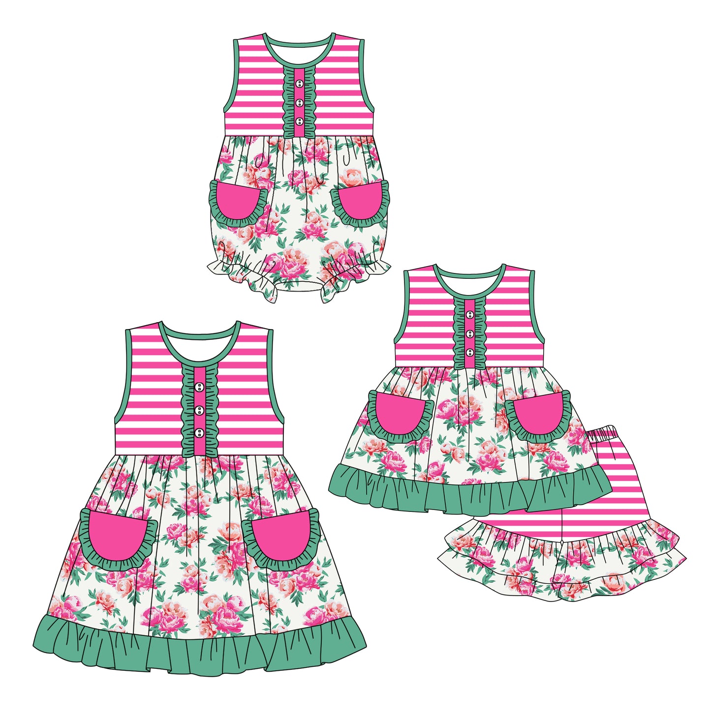 12.16 custom each style moq 5eta 4-6week Sibling Sister floral baby girl short sleeve shorts sets and dress and rompers match family design