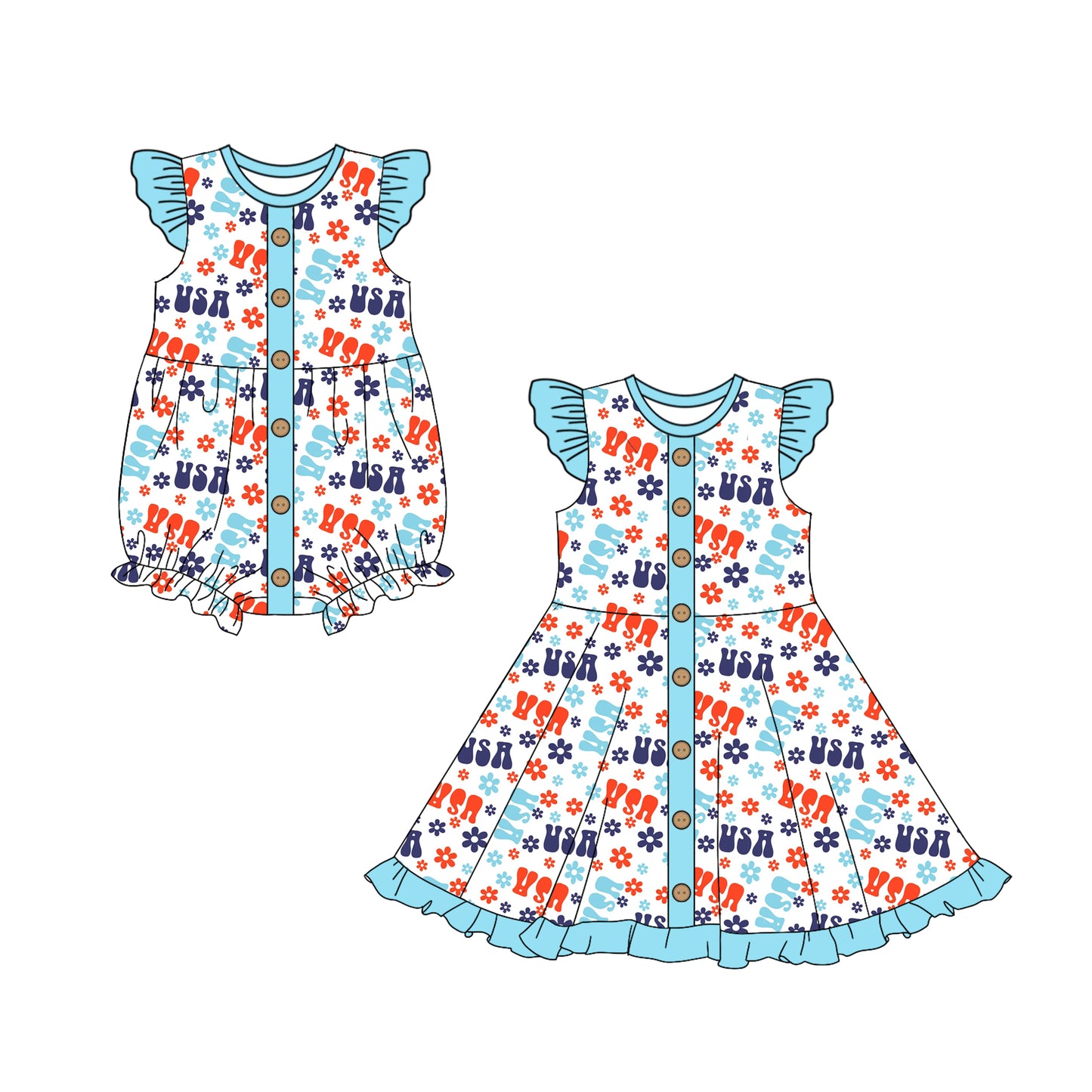 11.27 custom each style moq 5eta 4-6week Sibling Sister 4th of july USA baby girl short sleeve dress and rompers match family design