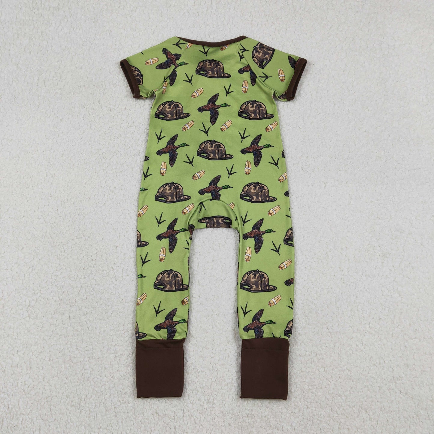 RTS NO MOQ(In Stock) Brown Green Zipper Short-Sleeve Jumpsuit with Duck Camouflage Hat
