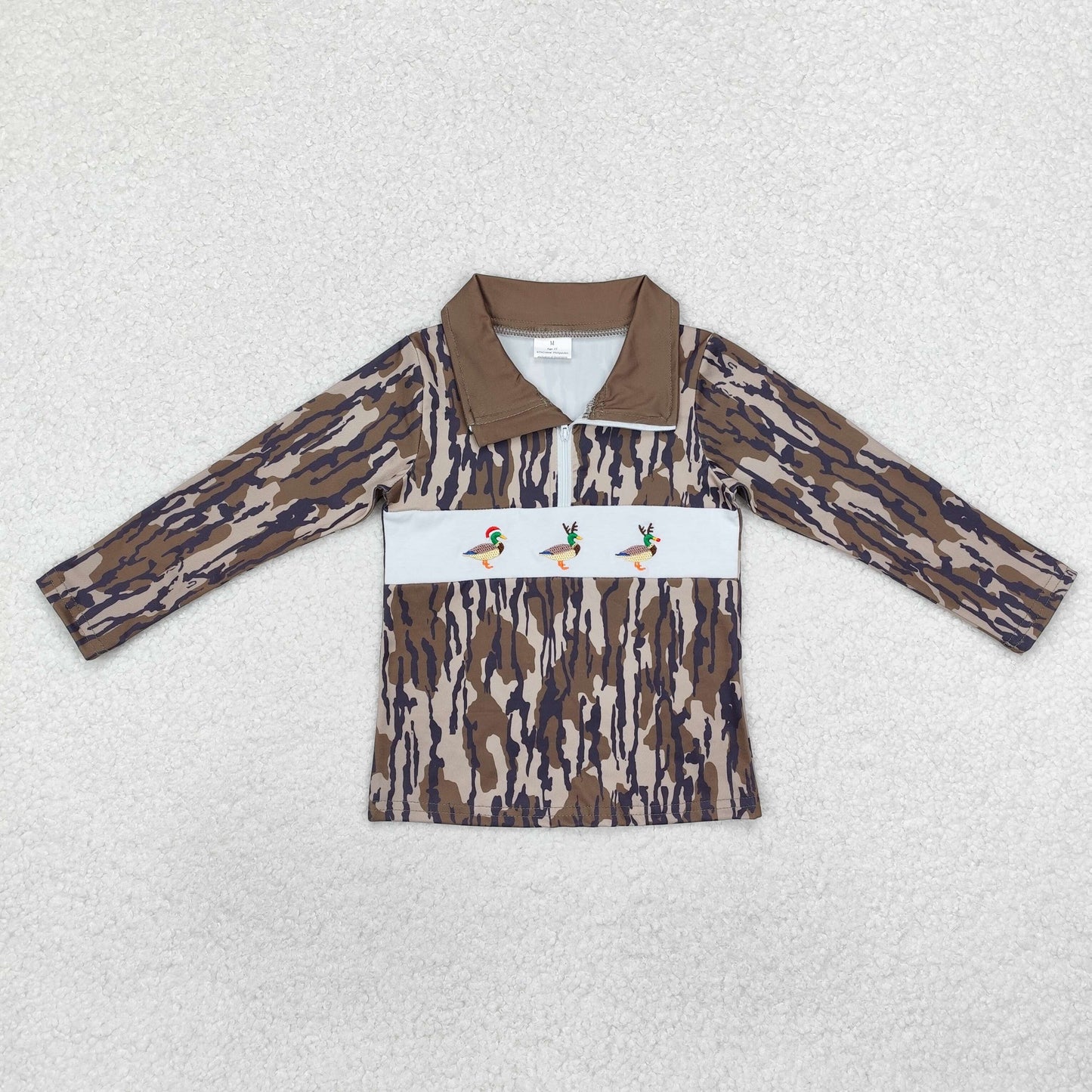 RTS NO MOQ(In Stock) BT0901 Embroidered Christmas duck camouflage army green zipper long-sleeved top