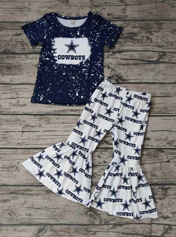 Deadline September 14 custom no moq eta 6-8weeks Navy blue five-pointed star snowflake short-sleeve-white flared pants suit