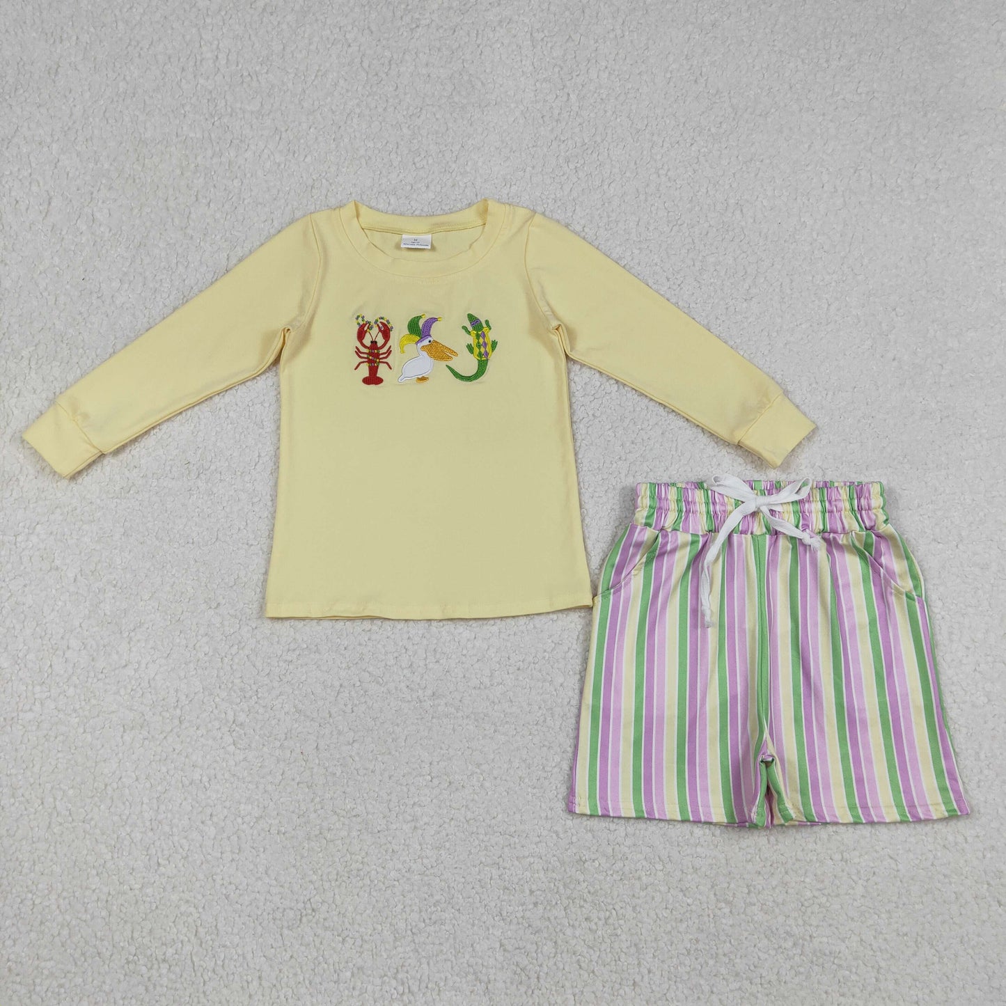 RTS NO MOQ(In Stock) Embroidered Carnival Lobster Pelican Crocodile Beige Long-Sleeve Colorful Vertical Striped Shorts Set