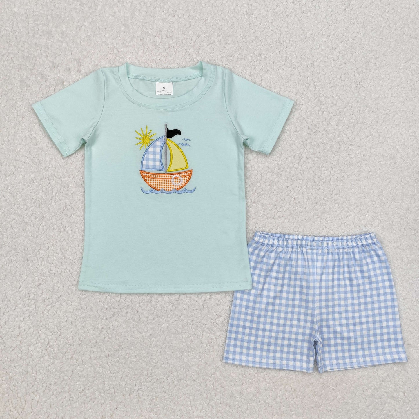 RTS NO MOQ(In Stock) Embroidery sun sail cyan short sleeve blue plaid shorts set