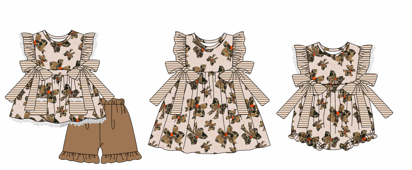 12.2 custom each style moq 5eta 4-6week Sibling Sister bow camouflage baby girl short sleeve shorts sets and dress and rompers match family design