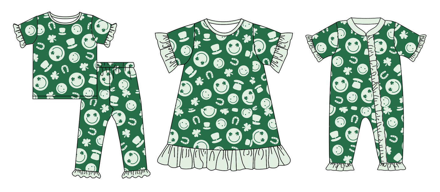 12.4 custom each style moq 5eta 4-6week Sibling Sister smiley green baby girl sets and dress and rompers match family design