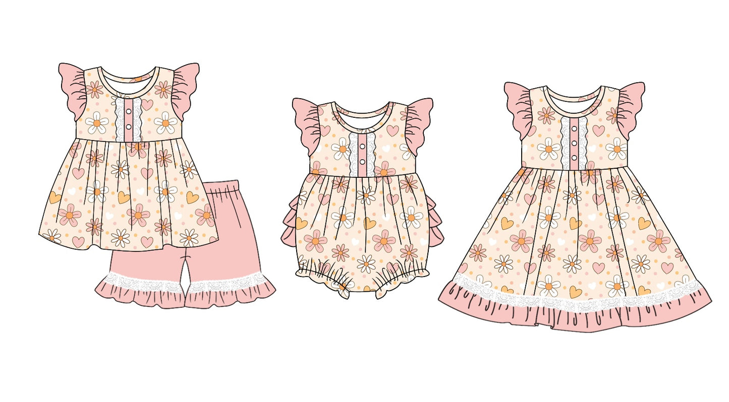 11.3 custom each style moq 5eta 4-6week Sibling Sister love floral baby girl short sleeve shorts sets and dress and rompers match family design