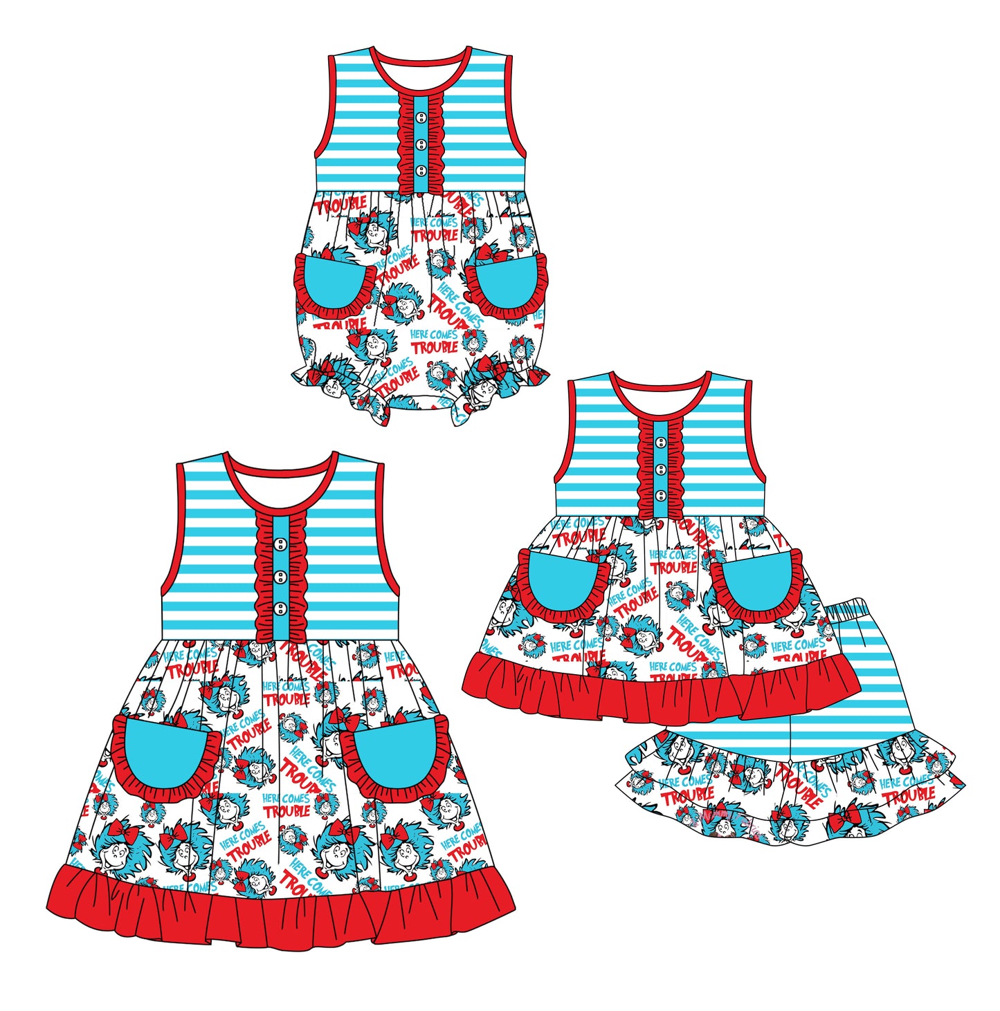 12.16 custom each style moq 5eta 4-6week Sibling Sister dr seuss baby girl short sleeve shorts sets and dress and rompers match family design