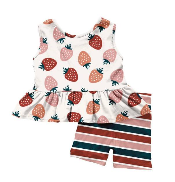 GSSO0505 Strawberry Beige Sleeveless Striped Shorts Set