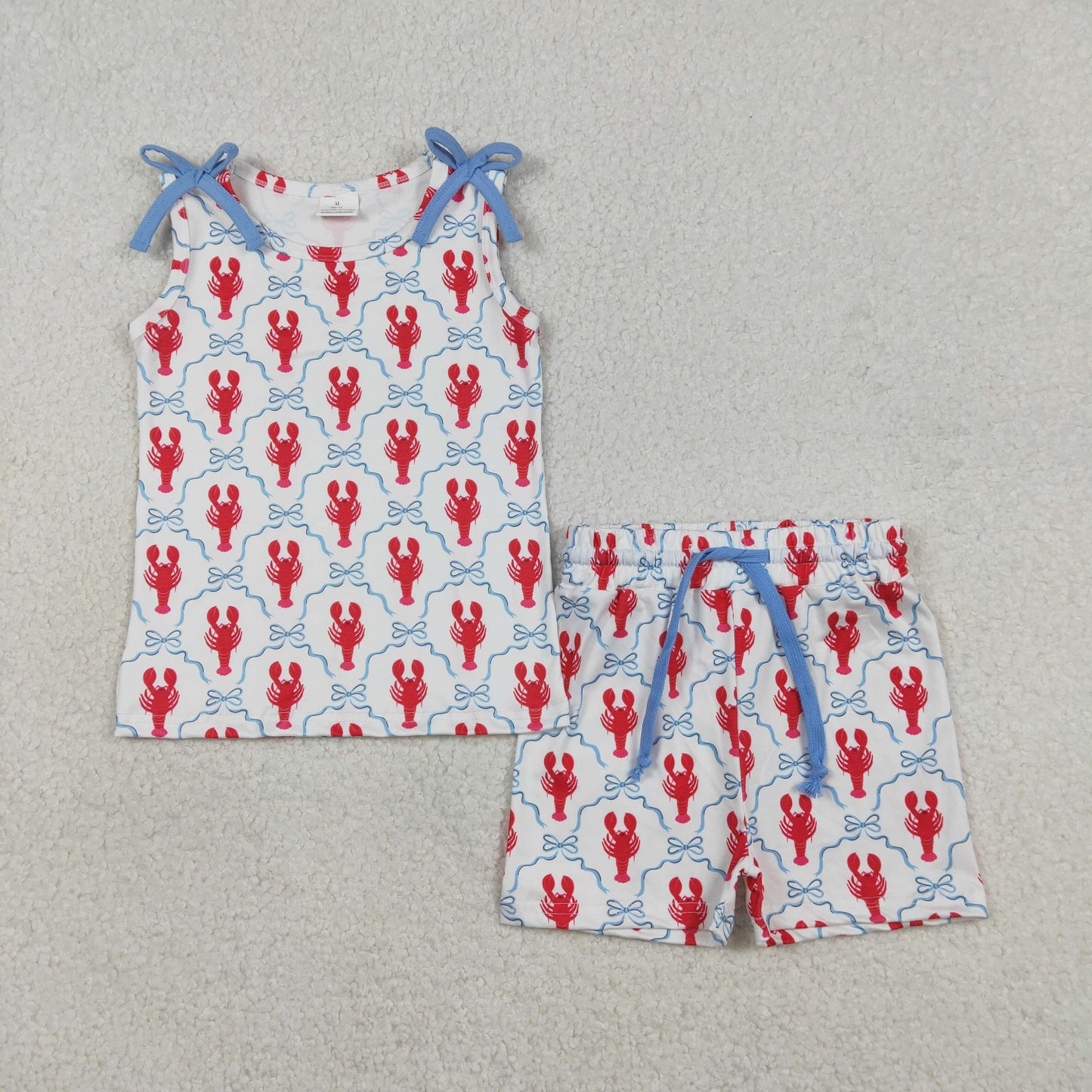 RTS NO MOQ(In Stock) GSSO3005 Lobster blue bow pattern plaid sleeveless shorts set