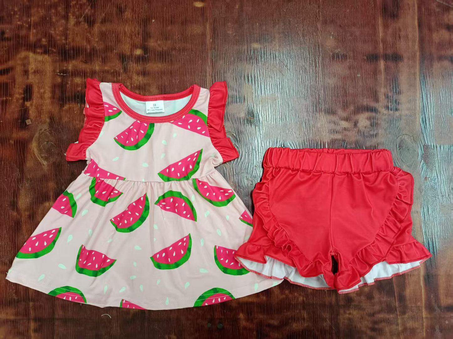 Custom moq 3 eta 6-7weeks baby girls clothes watermelon sleeveless shorts sets
