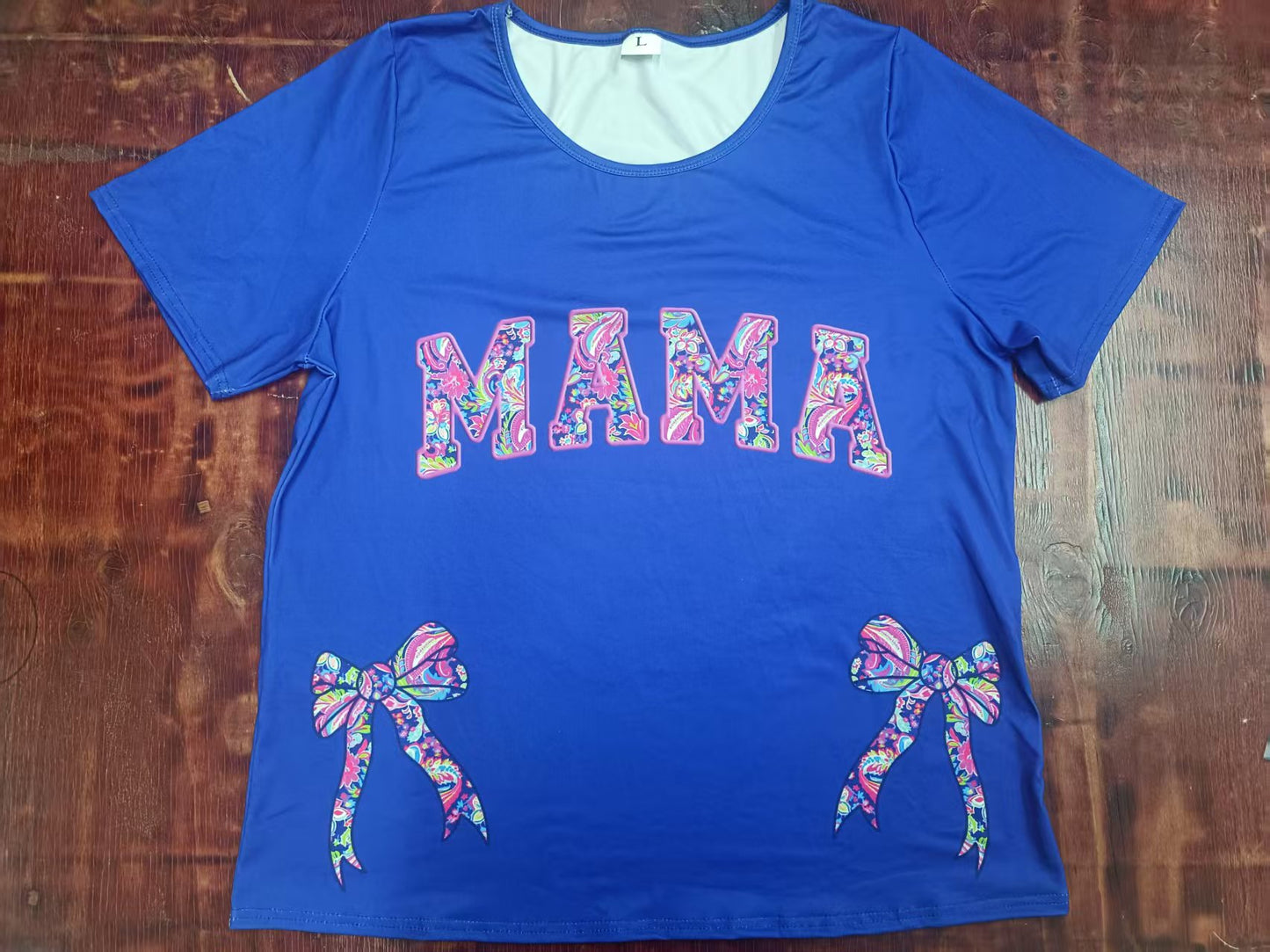 Custom moq 3 eta 6-7weeks Adult mama clothes MAMA bow blue short sleeve top