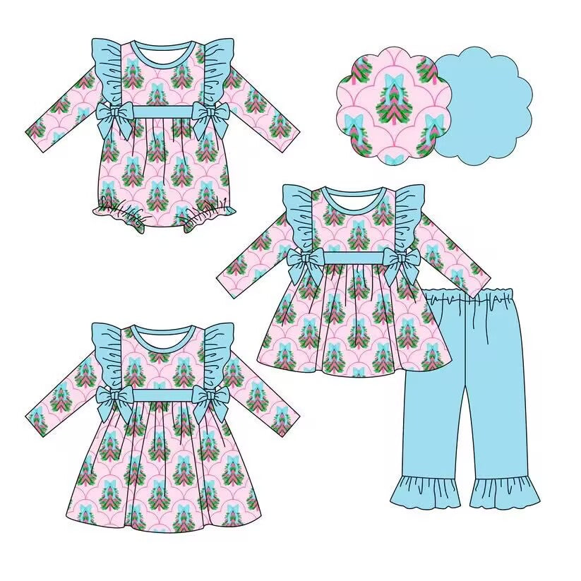 Custom moq 5 each style eta 6-7weeks baby girl clothes Christmas trees bow long sleeve pants sets and romper and dress -25.8.8
