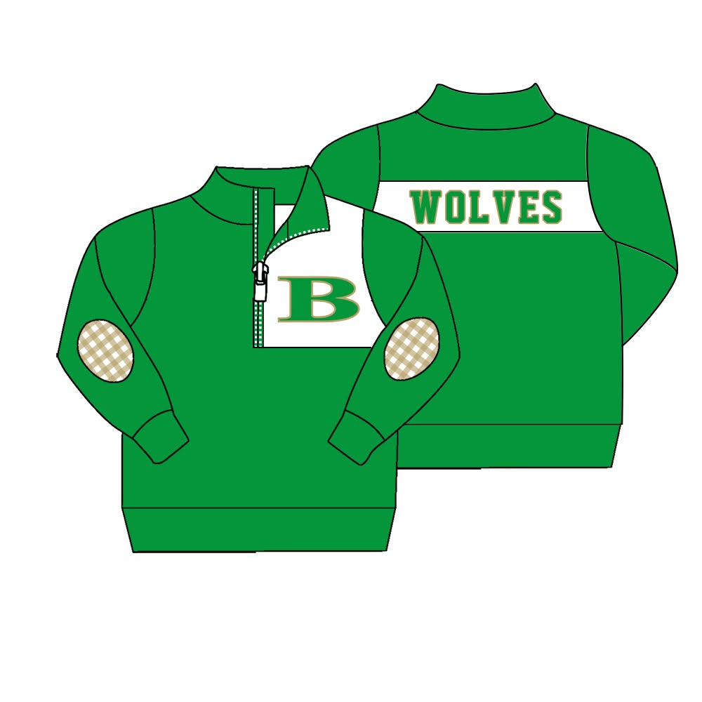 custom moq 5 mix size SHCN0103 Adult To Match Kids Green Letter Quarter Zip Pullover Sweatshirt With Gingham Elbow Patches