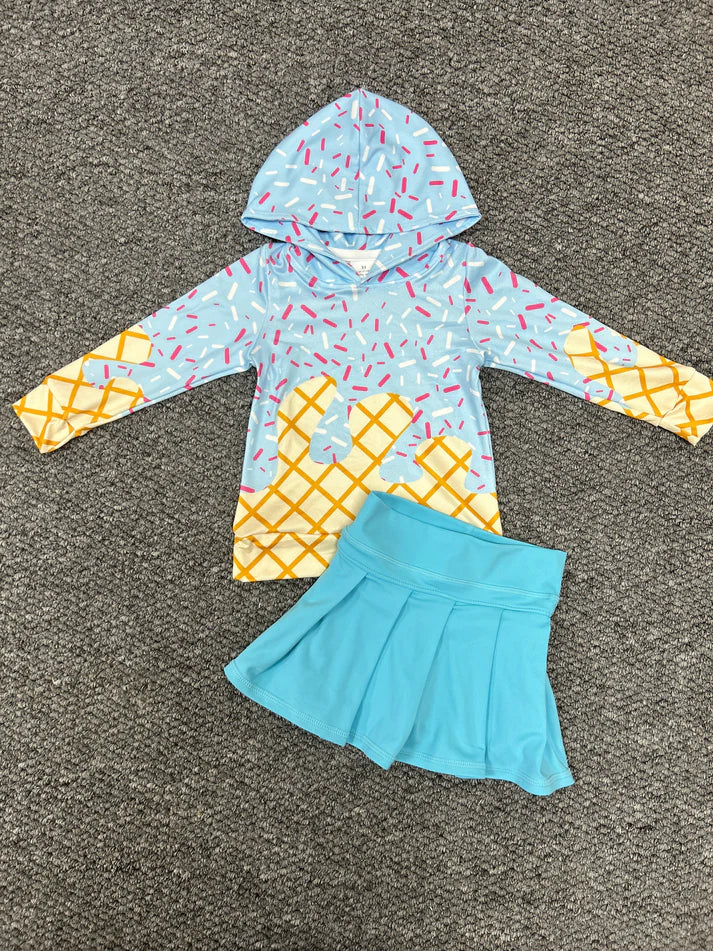 RTS NO MOQ Baby Girls Light Blue Hoodie Top with Yoga Skort Team Sets Comfortable Breathable Cotton Outfit for Toddlers