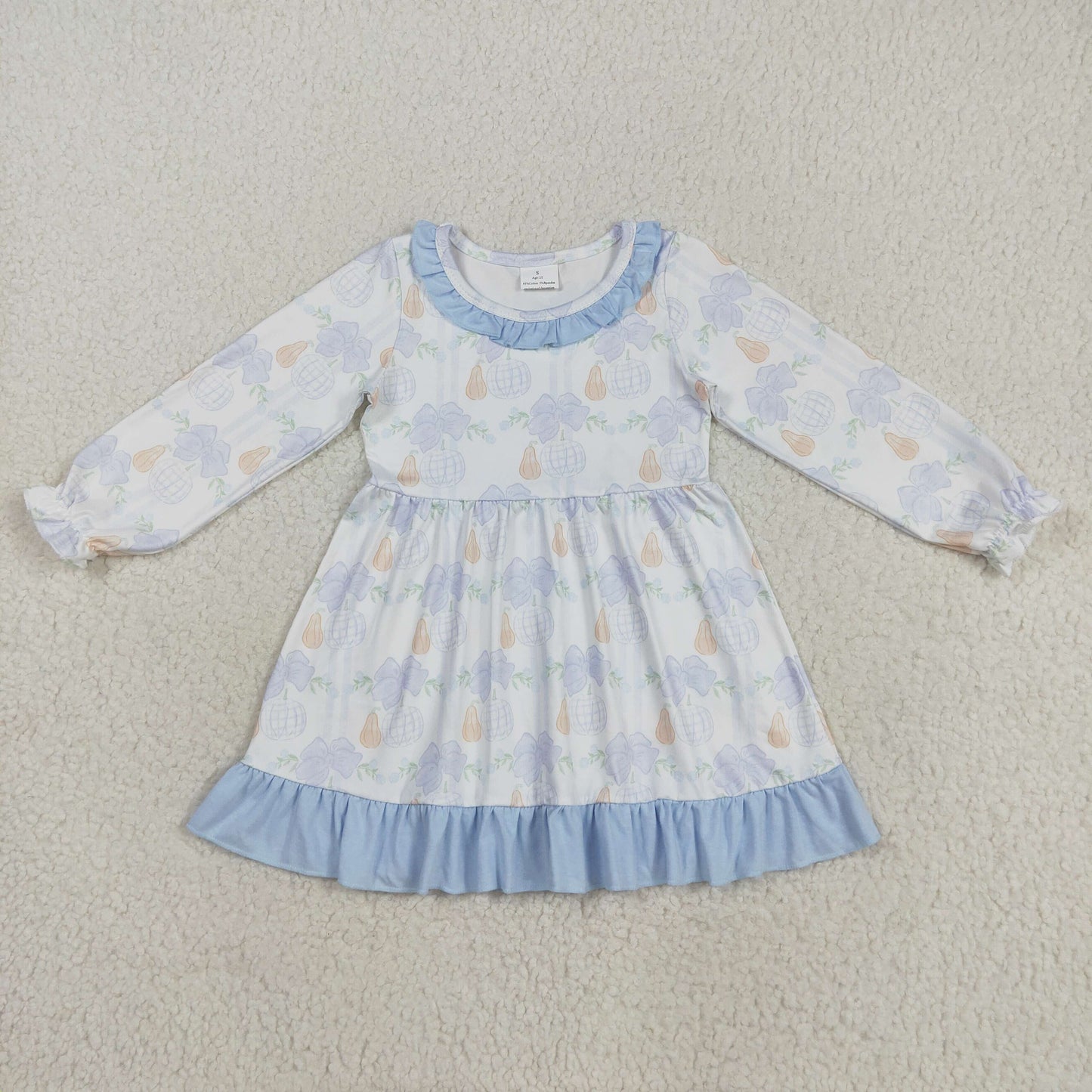 RTS NO MOQ(In Stock) GLD1129 White Long-Sleeved Dress with Pumpkin Bow Pattern and Blue Lace Trim