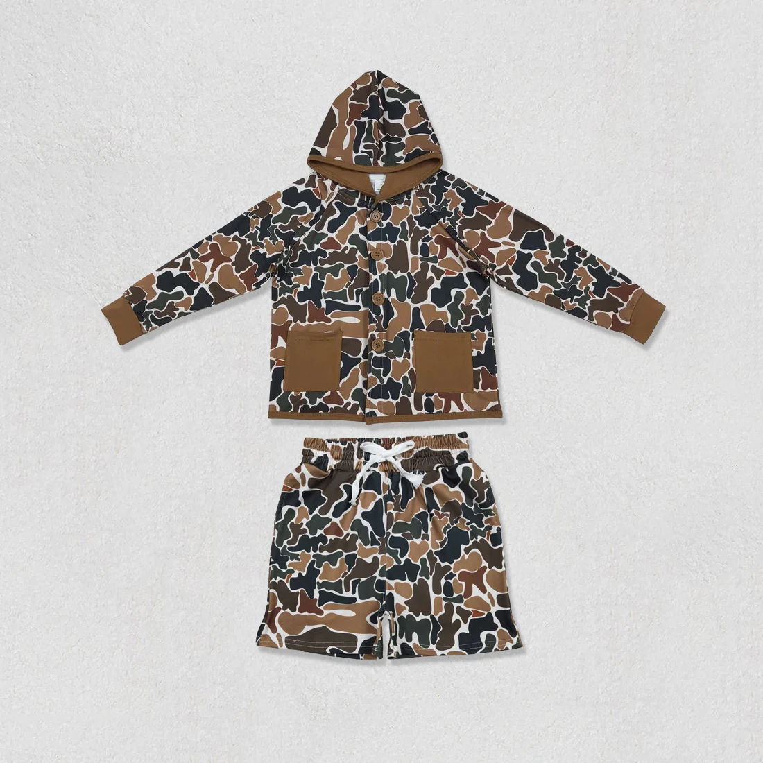 RTS Sibling baby boys clothes camouflage hooded long Sleeve Shorts sets