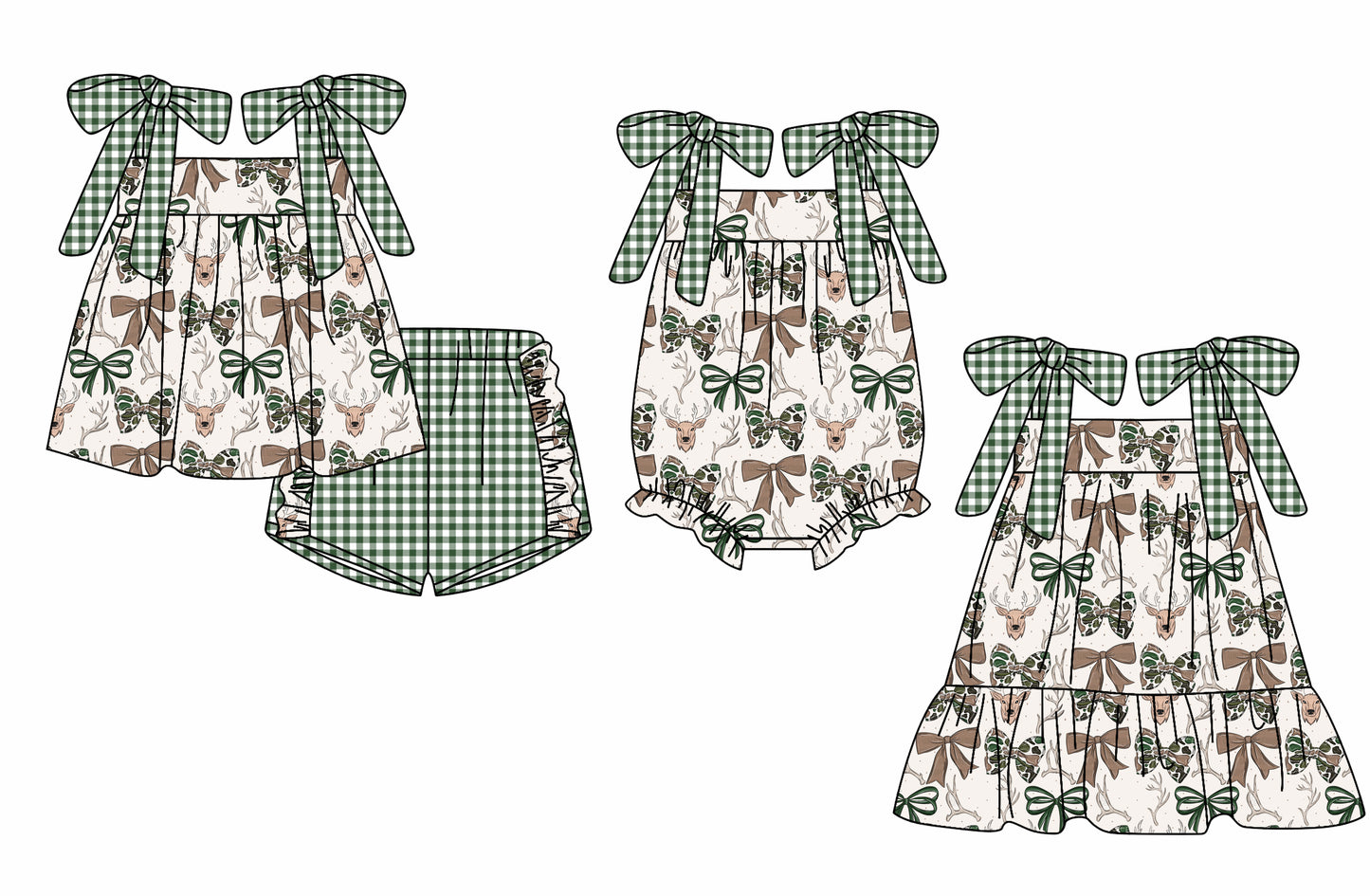 12.2 custom each style moq 5eta 4-6week Sibling Sister bow camouflage baby girl short sleeve shorts sets and dress and rompers match family design
