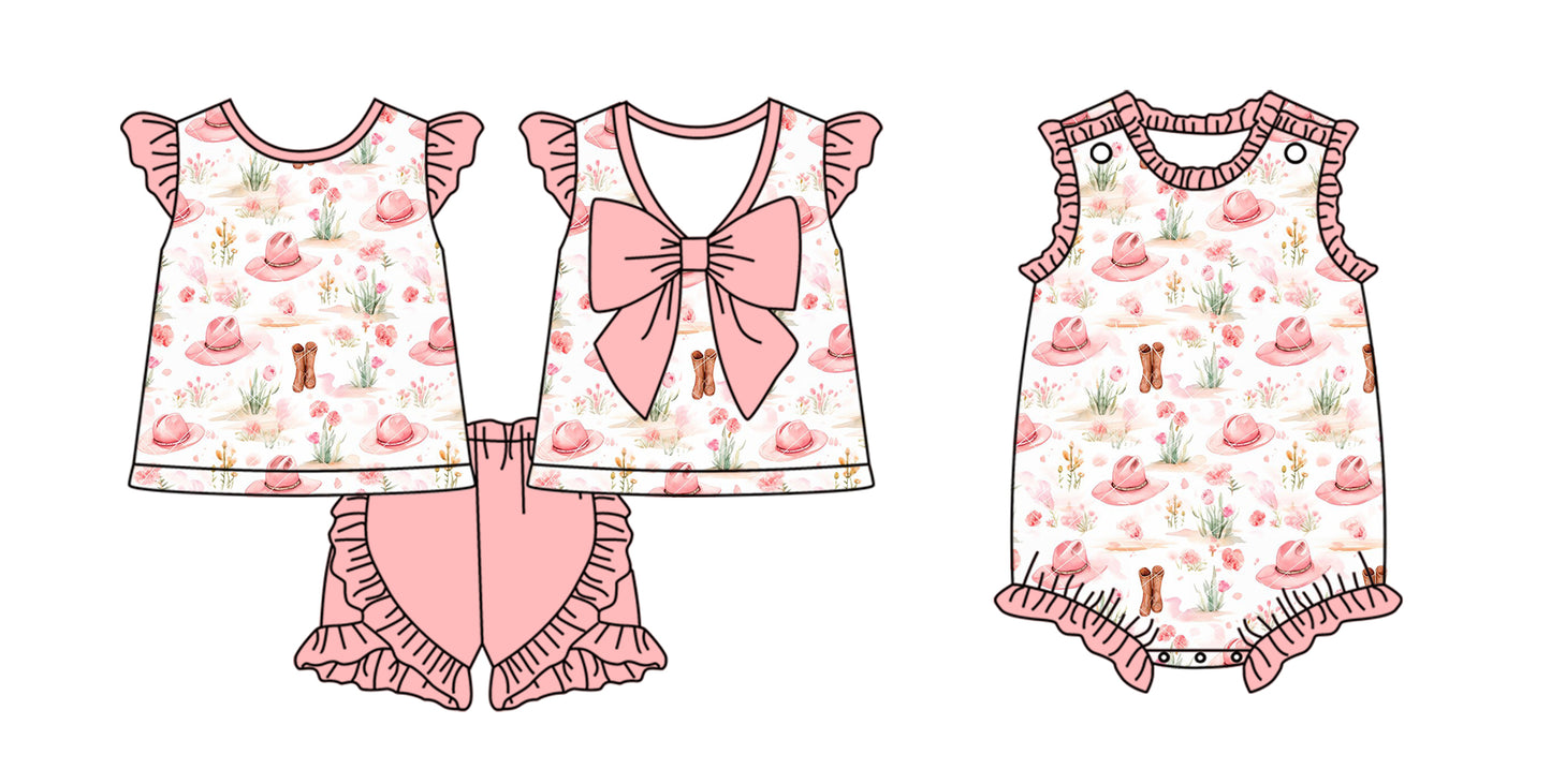 2.10 custom each style moq 5eta 4-6week Sibling Sister cowgirl baby girls short sleeve shorts sets and romper match design