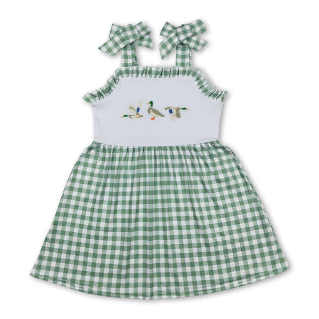 RTS NO MOQ Sibling Baby Girls Fire Truck Red Checkered Straps Knee Length Dresses
