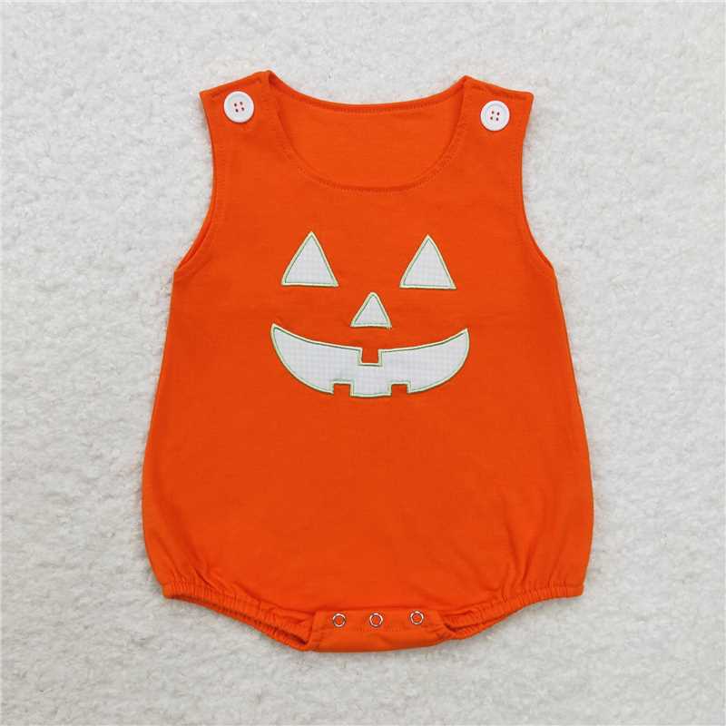 RTS NO MOQ(In Stock ) SR1937 Halloween embroidery smiley face orange vest jumpsuit