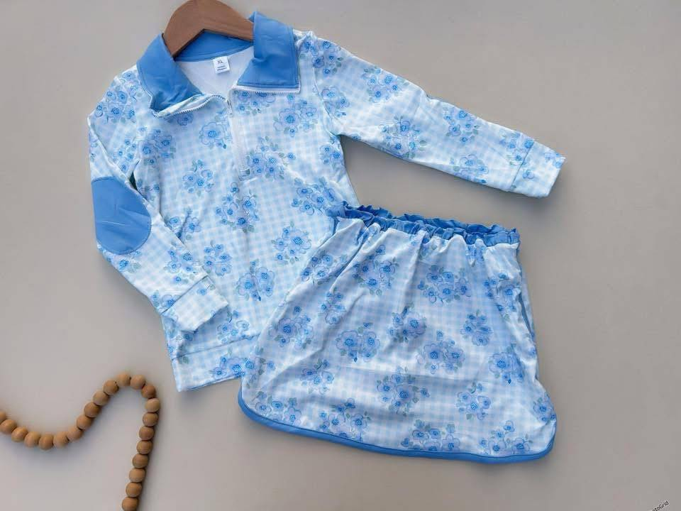 RTS NO MOQ(In Stock ) GLD1097 Flower blue plaid zipper long-sleeved skirt yoga set