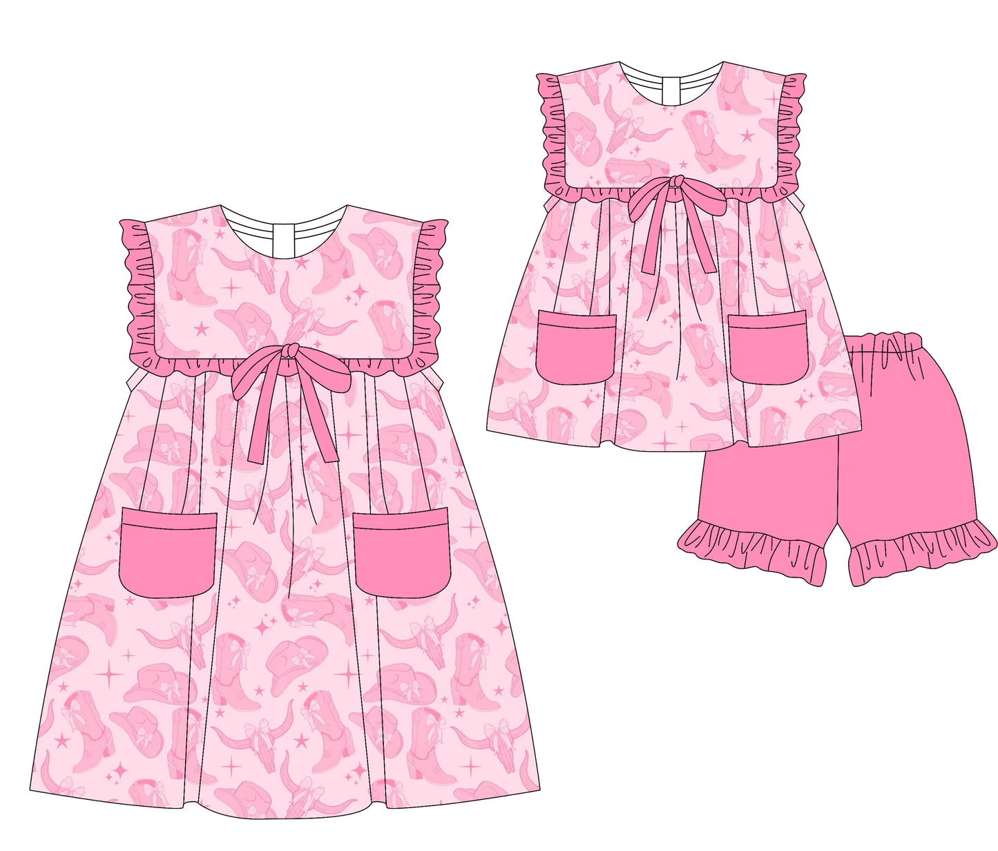 3.17 custom each style moq 5eta 4-6week Sibling Sister hat cow head boots baby girl short sleeve shorts sets and dresses match design