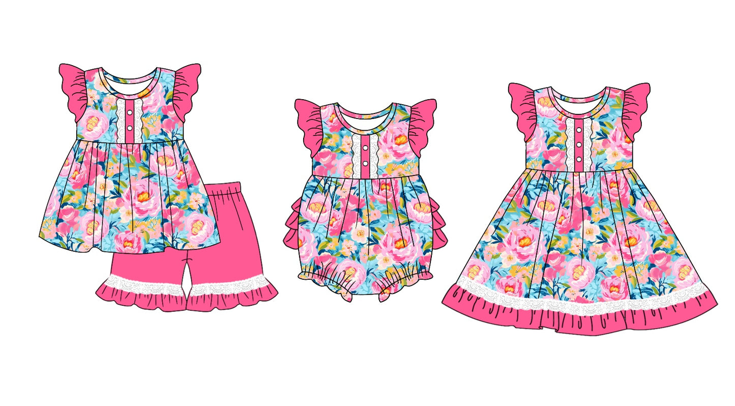 11.3 custom each style moq 5eta 4-6week Sibling Sister floral baby girl short sleeve shorts sets and dress and rompers match family design
