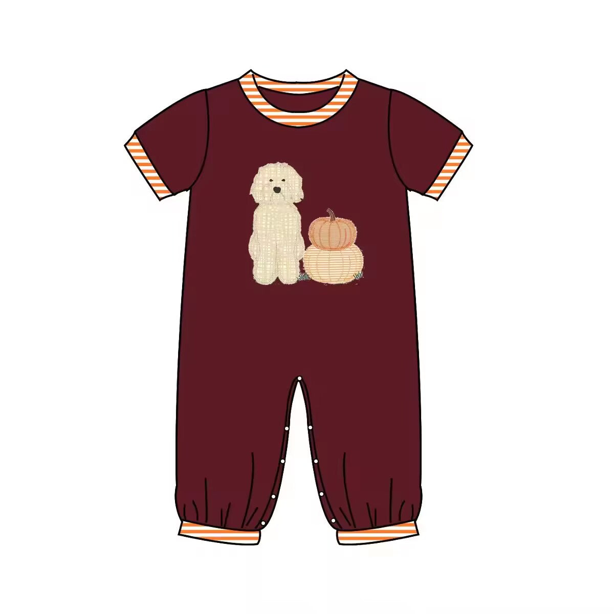 Custom moq 3 eta 6-8 weeks Brown short-sleeved romper with embroidered pumpkin and puppy