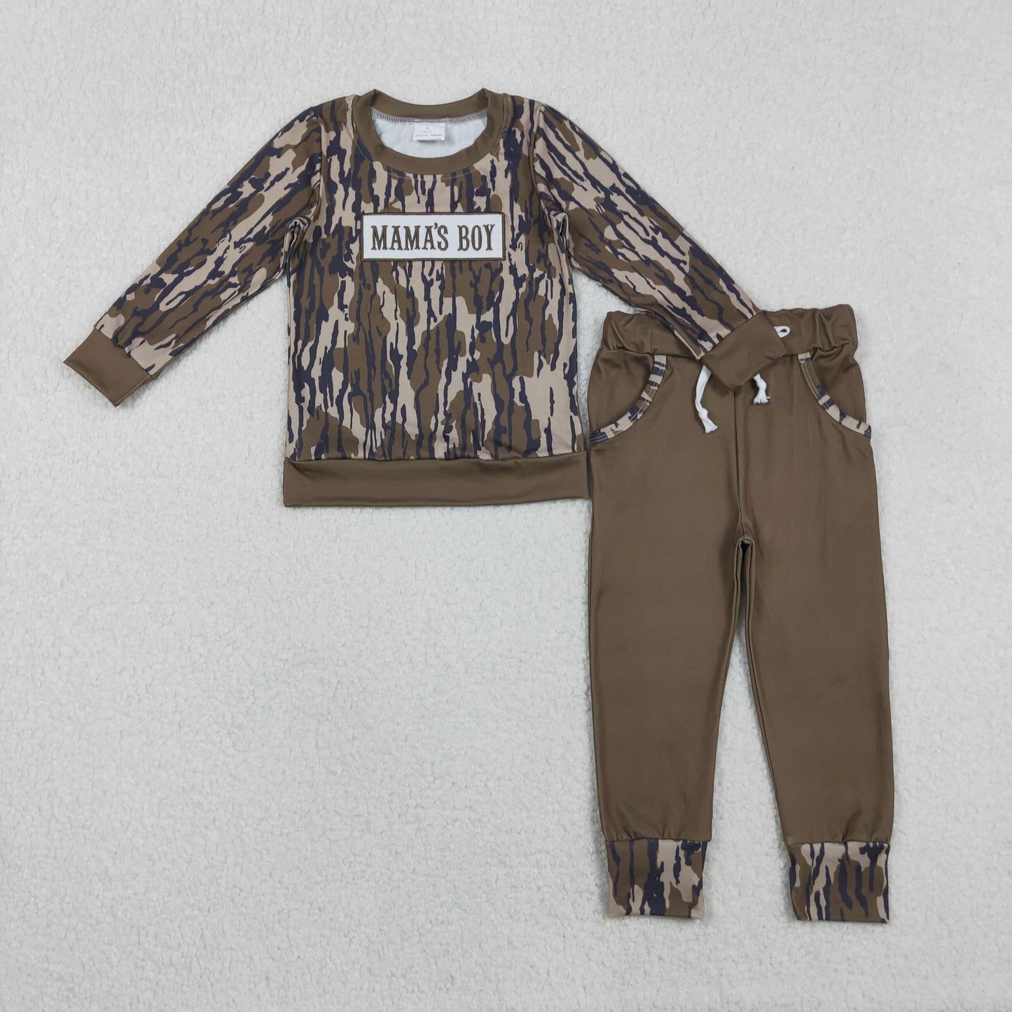 RTS NO MOQ(In Stock ) BLP1334 Embroidered Mama's Boy Military Green Camouflage Long-Sleeve Pants Set