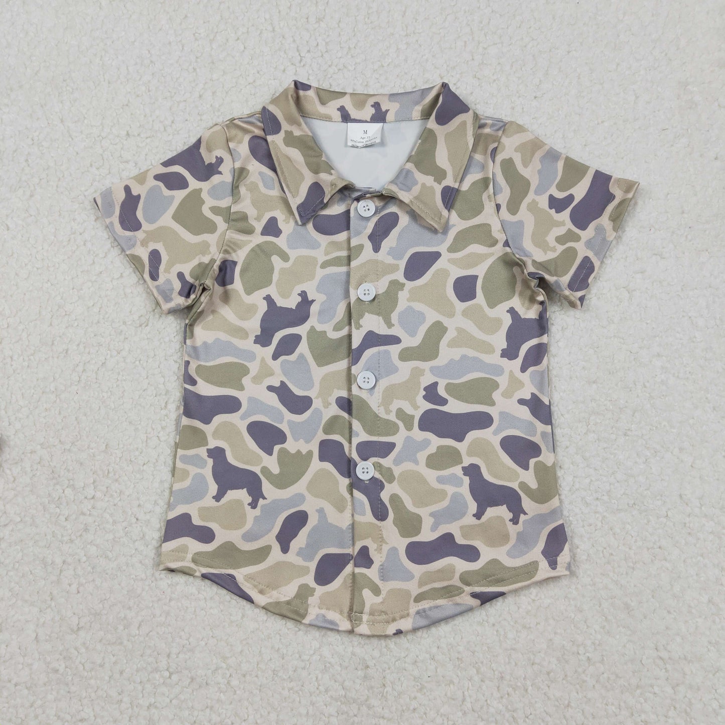 RTS NO MOQ(In Stock) Puppy Gray-Green Camouflage Button-Up Short-Sleeve Top