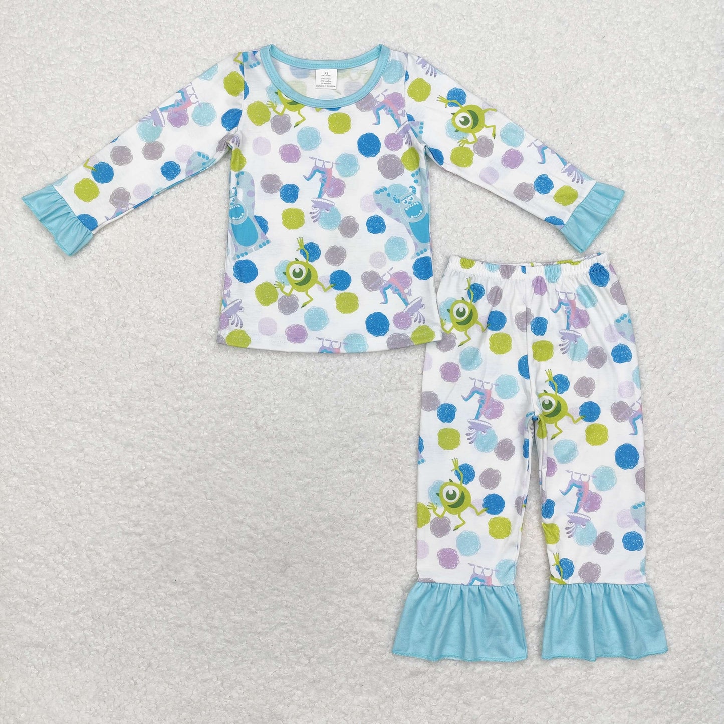 RTS NO MOQ(In Stock) Modal Monsters University lace blue and white long-sleeved trousers pajama set