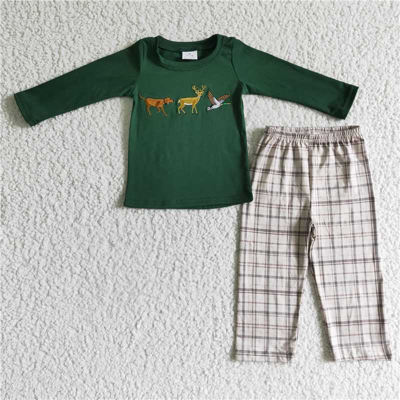 RTS NO MOQ(In Stock) BLP0064 Embroidered duck green Long Sleeve Pants Set
