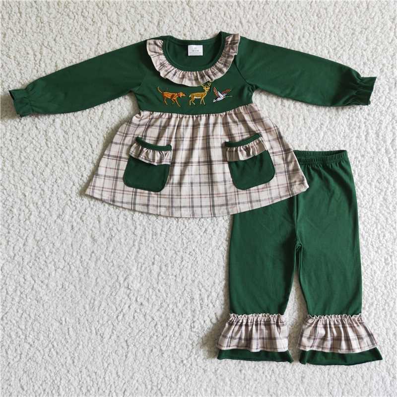RTS NO MOQ(In Stock) GLP0162 Embroidered duck green Long Sleeve Pants Set