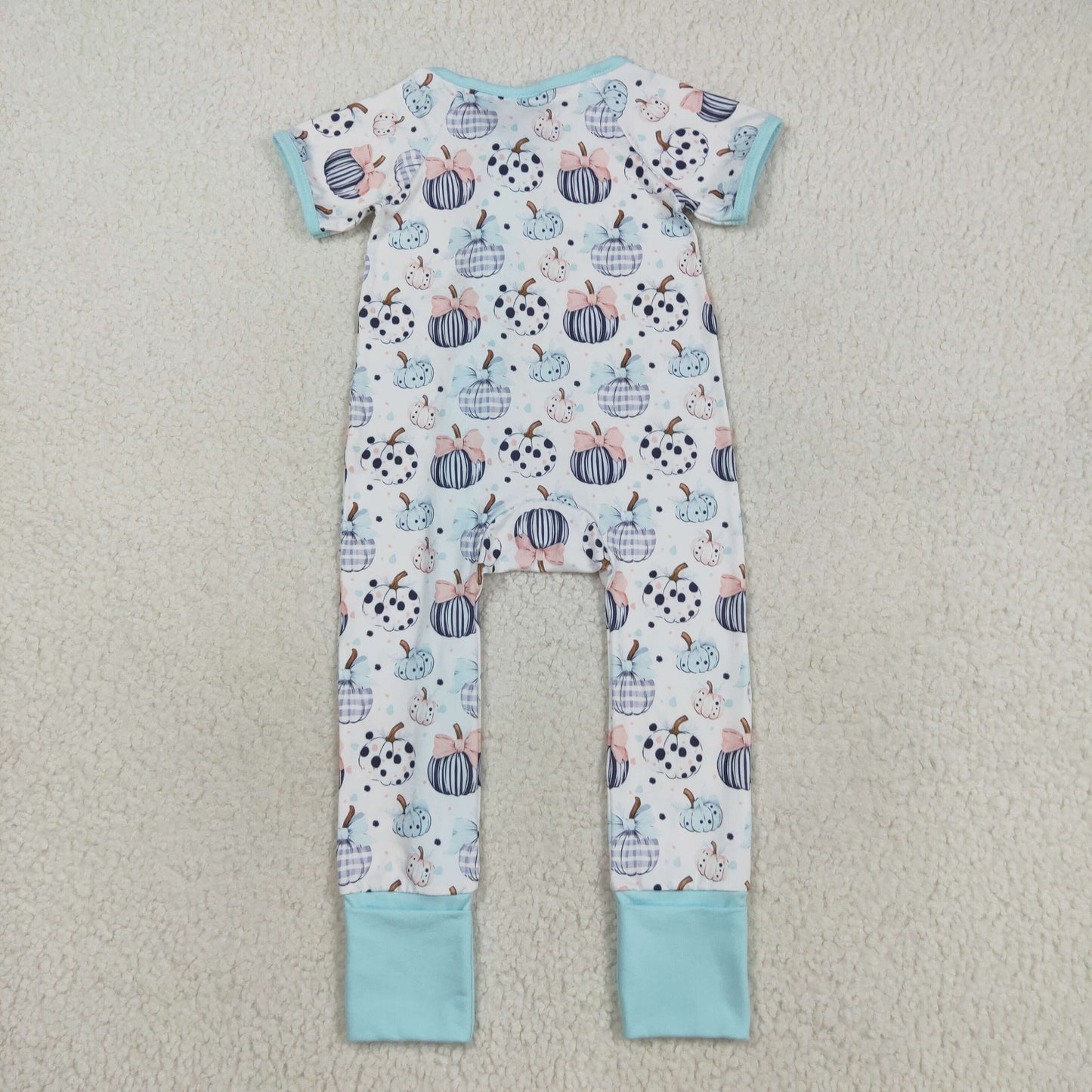 RTS NO MOQ(In Stock) SR3109 Blue and white short-sleeved zip-up bodysuit with a pumpkin bow pattern