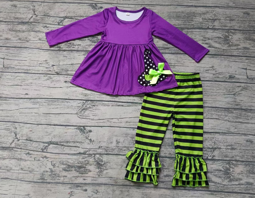Custom moq 3 eta 6-7weeks Purple long-sleeved top with fluorescent green bow and black and green striped trousers set