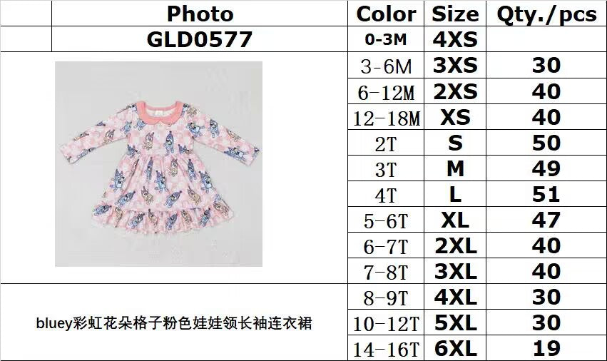 rts no moq GLD0577 girls flower plaid pink doll collar long-sleeved dress
