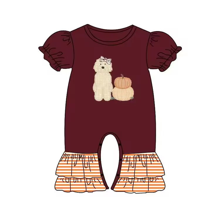 Custom moq 3 eta 6-8 weeks Brown bubble short-sleeved romper with embroidered pumpkin and puppy