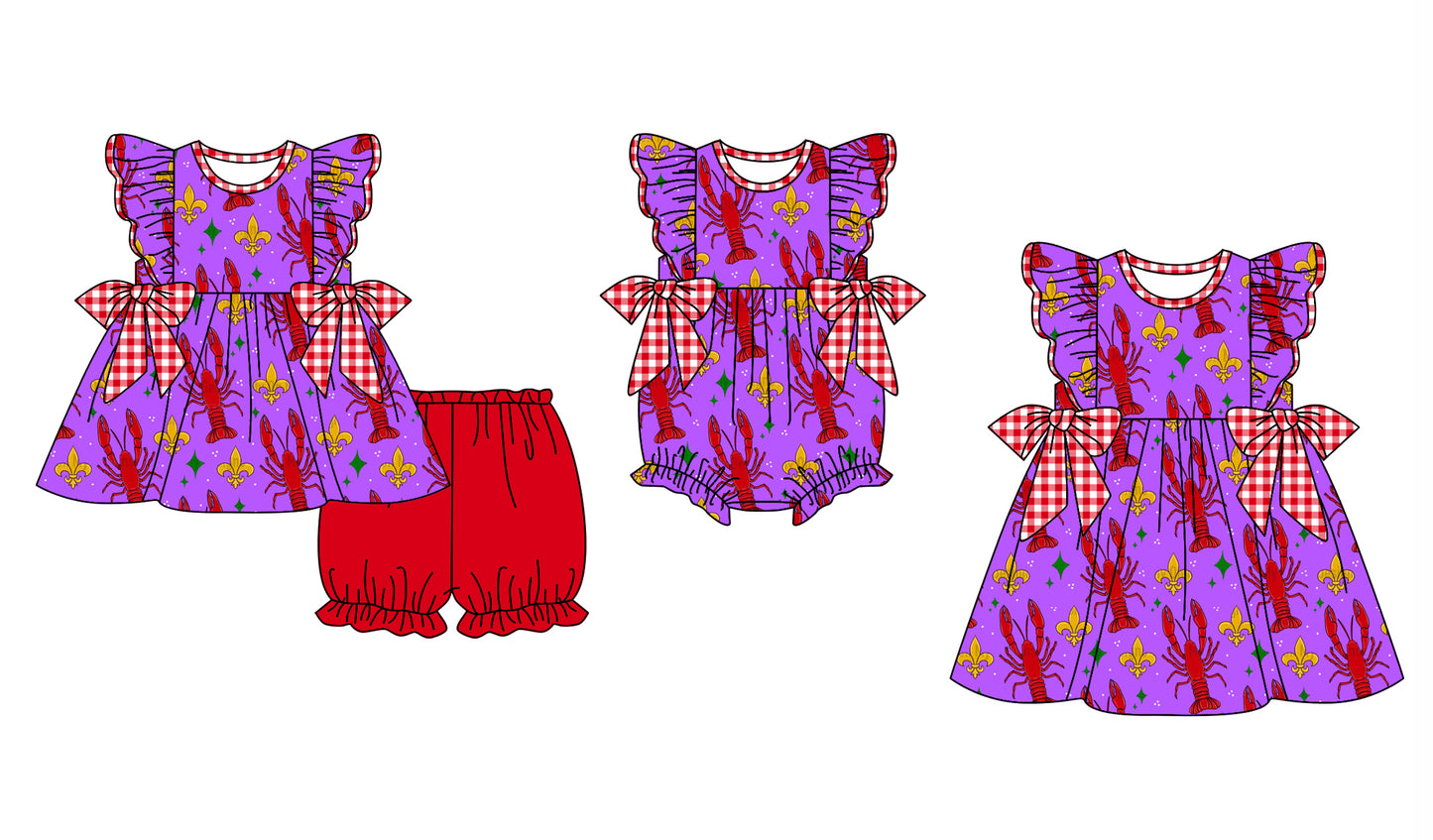 12.4 custom each style moq 5eta 4-6week Sibling Sister mardi gras lobster baby girl short sleeve shorts sets and dress and rompers match family design