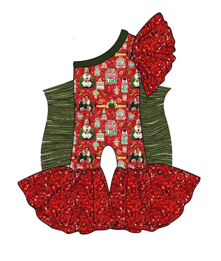 custom moq 5 eta 6-7weeks baby girls clothes Christmas green tassel red One shoulder Summer jumpsuit