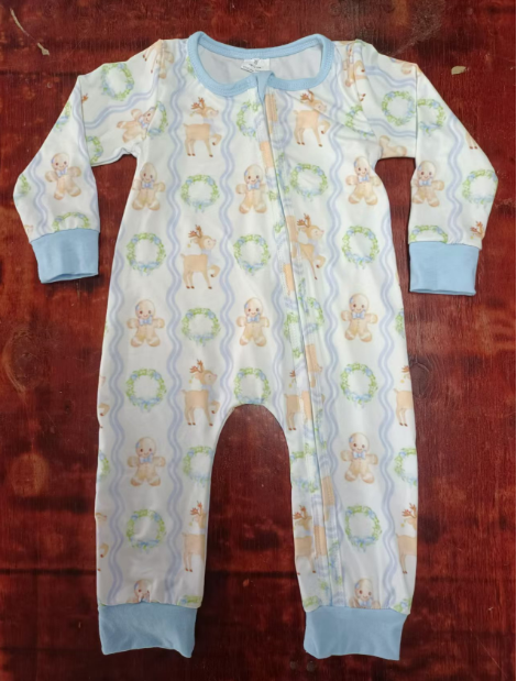 Custom moq 3 eta 6-7weeks Blue long-sleeved zip-up romper with bear, deer and wreath pattern
