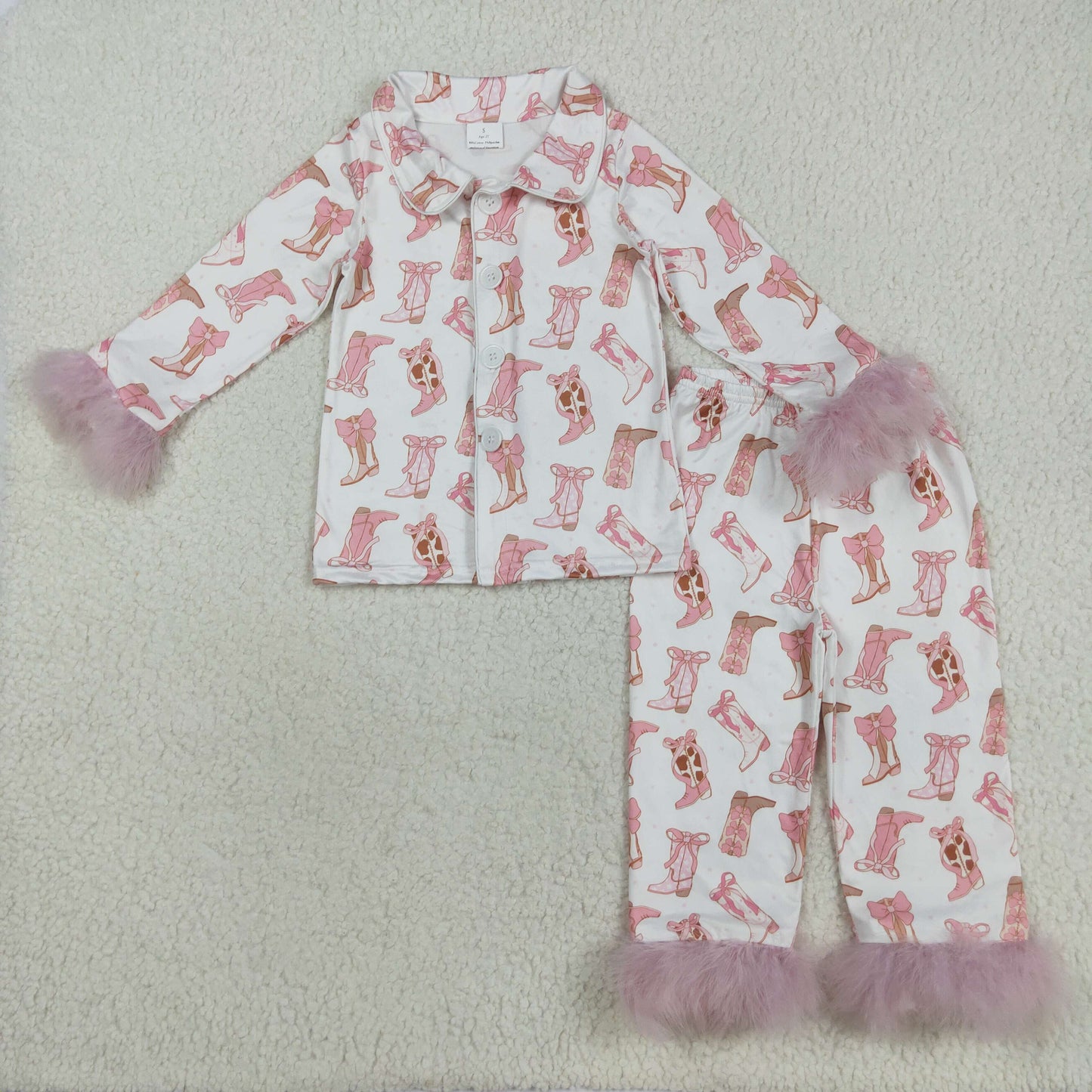 RTS NO MOQ(In Stock) GLP2359 Pink and White Long-Sleeved Pants and Pyjama Set with Furry Boot Trim