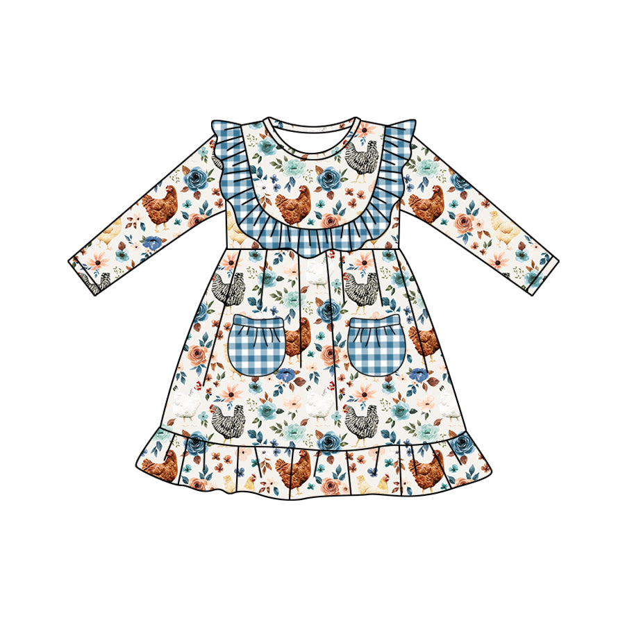 5.11custom each style moq 5eta 4-5week Sibling Sister country style chicken prints white dots blue girls set and baby romper and dress match family design