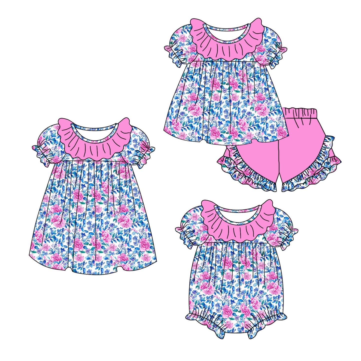 11.3 custom each style moq 5eta 4-6week Sibling Sister floral purple baby girl short sleeve shorts sets and dress and rompers match family design