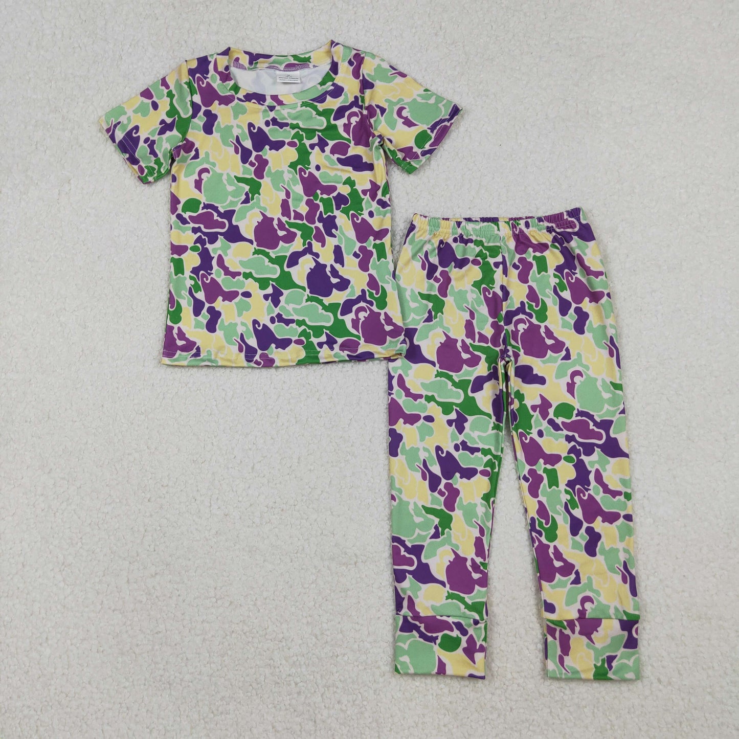 RTS NO MOQ(In Stock) Carnival green, yellow, and purple camouflage short-sleeved pants pajama set