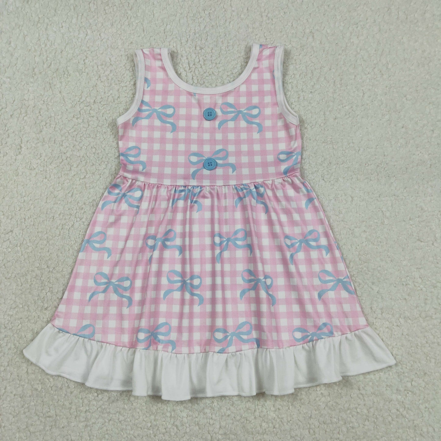 RTS NO MOQ(In Stock ) GSD3145 Blue sleeveless dress with pink checkered buttons and bow pattern
