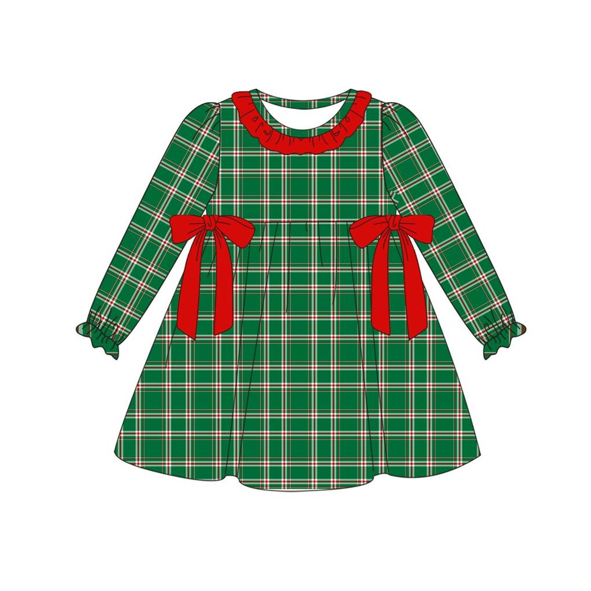 Deadline September 23 custom no moq eta 6-7weeks Green irregular plaid petal skirt long-sleeved dress with red bow