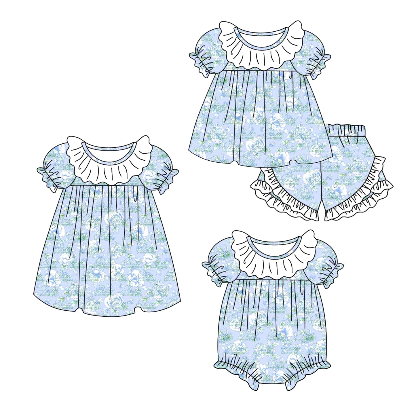 11.3 custom each style moq 5eta 4-6week Sibling Sister floral blue baby girl short sleeve shorts sets and dress and rompers match family design