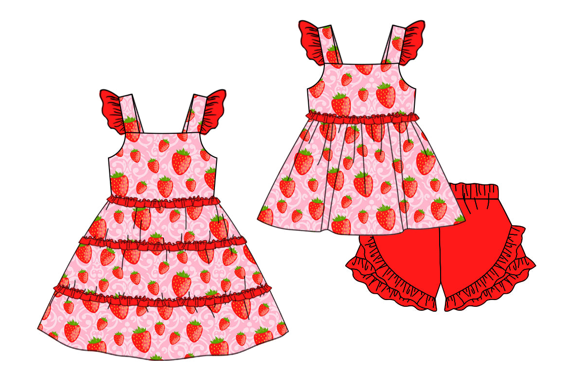 11.11 custom each style moq 5eta 4-6week Sibling Sister strawberry red baby girl short sleeve shorts sets and dresses match design