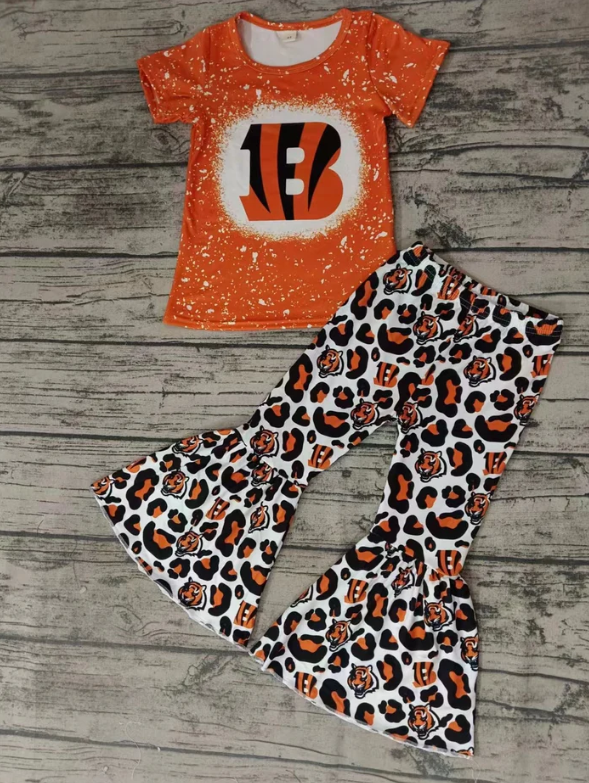 Deadline September 23 custom no moq eta 6-8weeks Letter B Orange Short Sleeve Top-Leopard Print Flared Pants Set