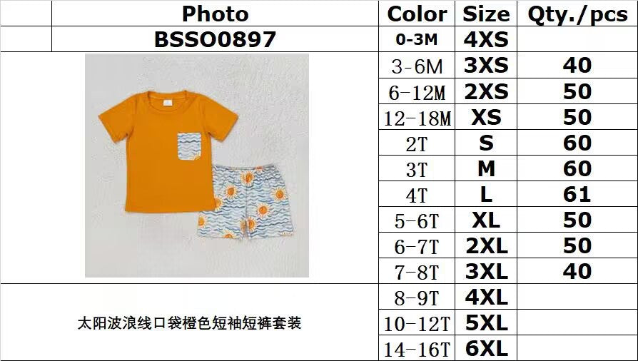 rts no moq BSSO0897 Sun Wavy Line Pocket Orange Short Sleeve Shorts Set